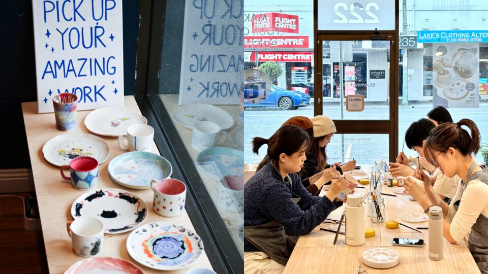 Pottery students in a class painting their ceramics