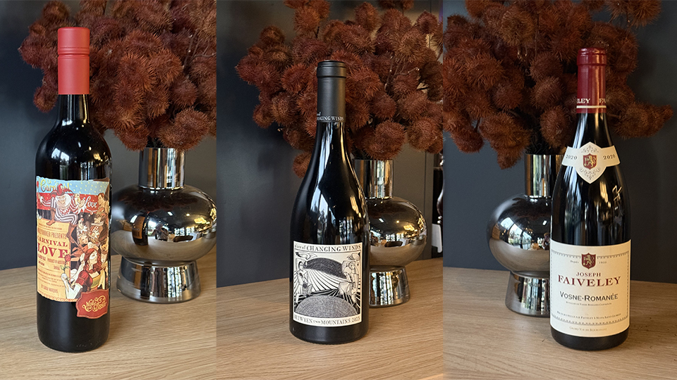 From left: Mollydooker's Carnival of Love Shiraz (approx. $100), Place of Changing Winds “Between Two Mountains” Pinot Noir 2023 (approx. $150), or, if you're looking to really spoil Dad, Joseph Faiveley Vosne-Romanée 2020 (approx. $200)