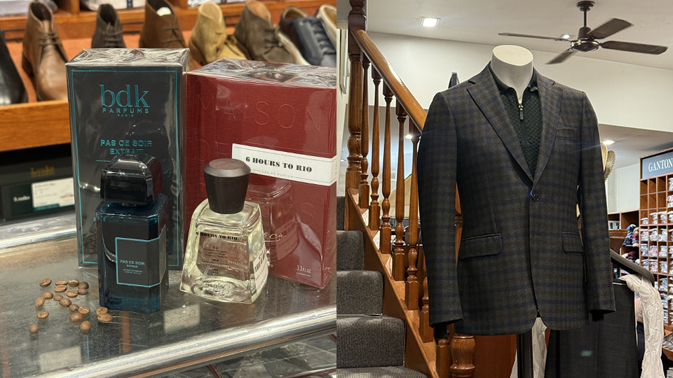 image on the left of 2 bottles of mens cologne, to the right is a beautiful checked blazer over a black collared shirt with a half zip.