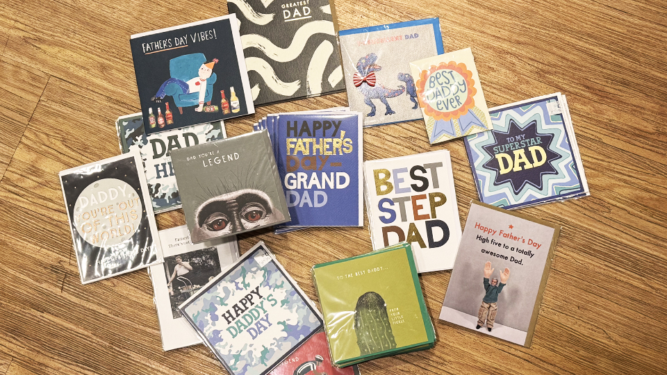 Flatlay of an assortment of Father's Day greeting cards from Paper Republic
