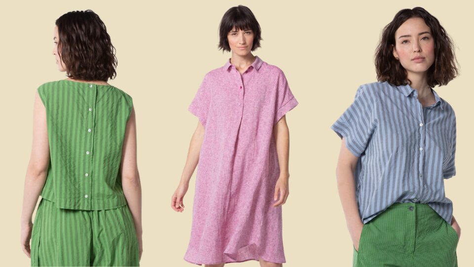 Spring fashion looks featuring green, pink and blue striped clothing in lightweight, relaxed styles.