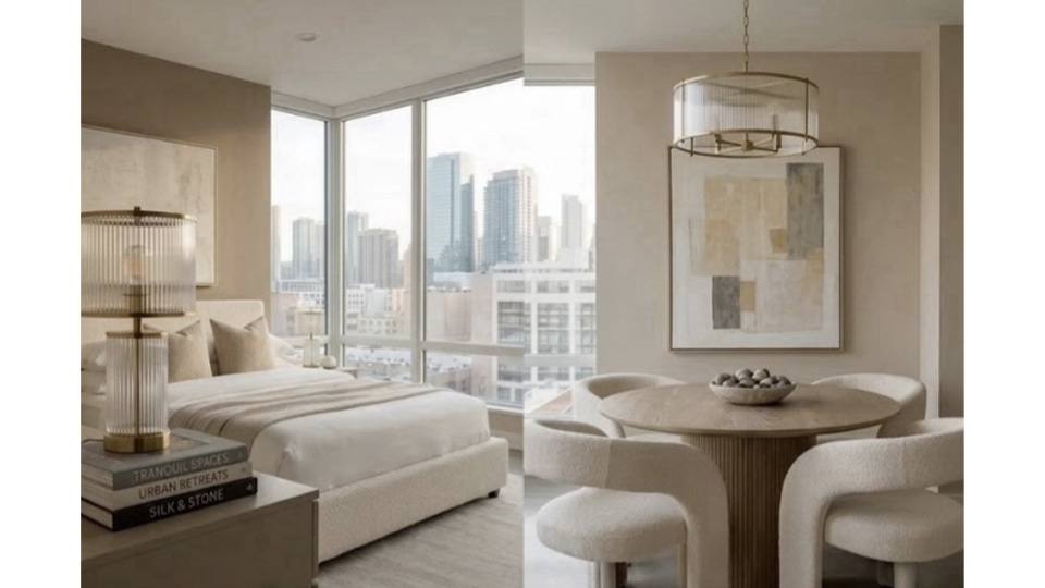 Neutral interiors of an apartment in Melbourne, styled by Merlin 1981 Home Decor for a home staging.